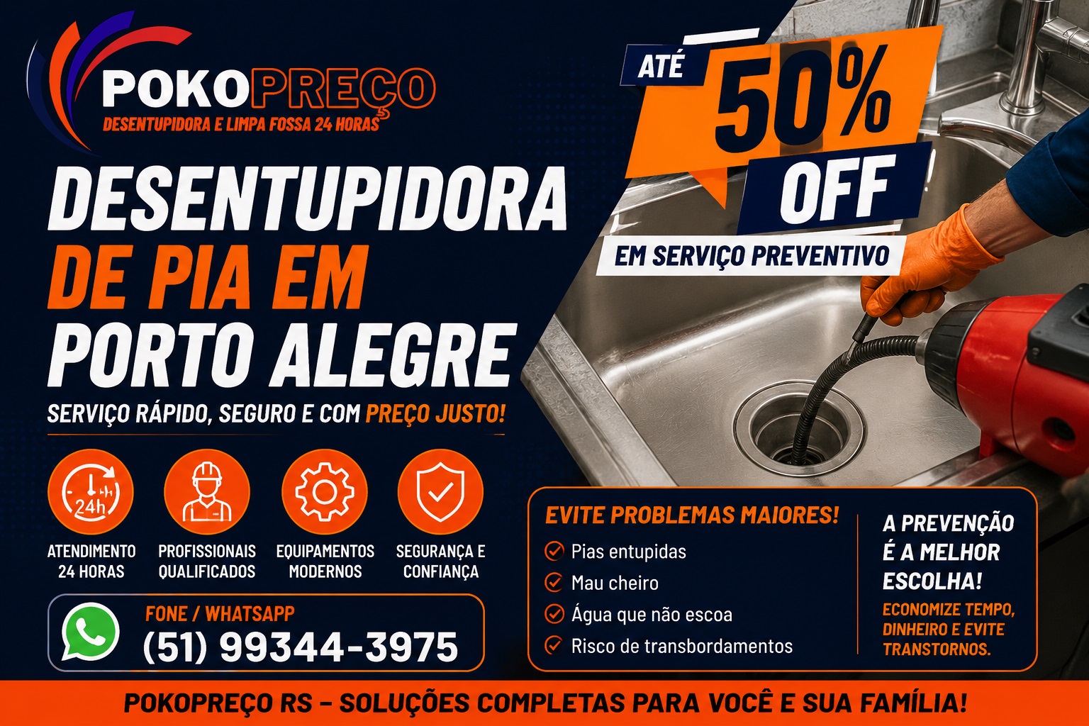 Desentupidora de pia em Porto Alegre com até 50% off em serviço preventivo. Evite entupimentos e gastos maiores. Ligue agora.
